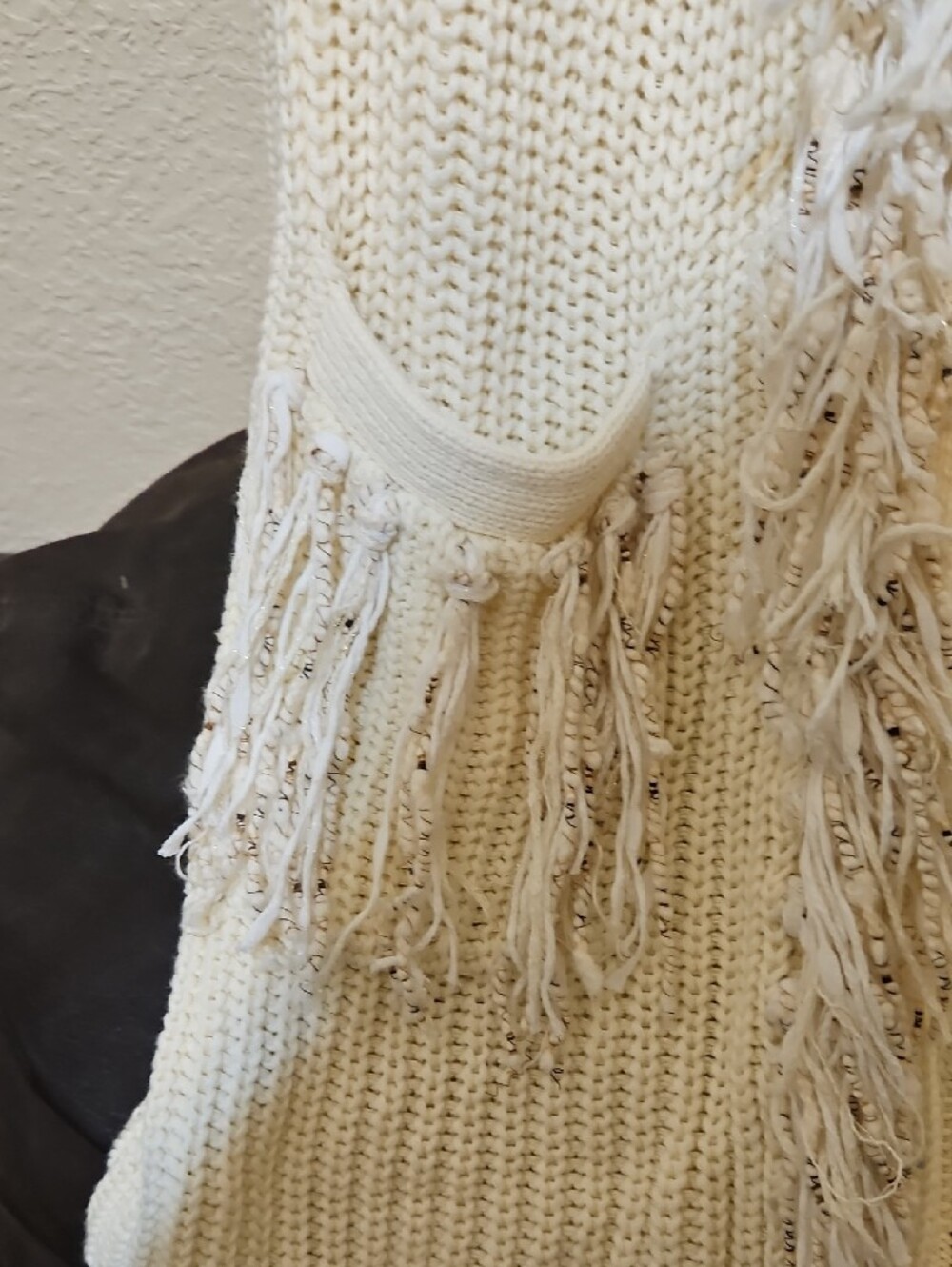 Curios Open-Front Fringe Knit Cardigan in Light Cream - Picture 6 of 10